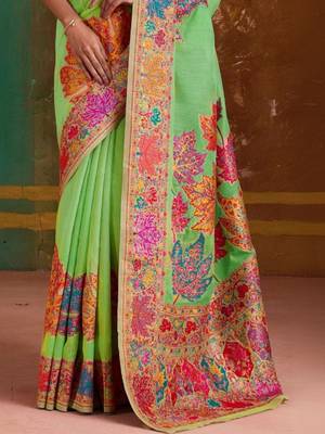 Lime floral silk blend banarasi saree 3