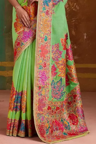Lime floral silk blend banarasi saree