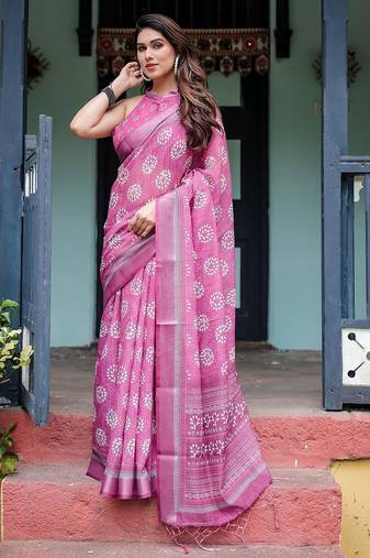 Pink floral zari  linen saree