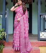 Pink floral zari  linen saree