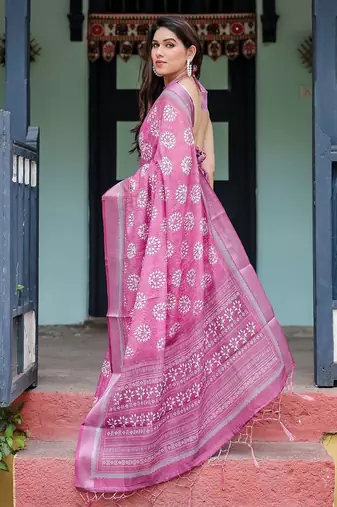 Pink floral zari  linen saree