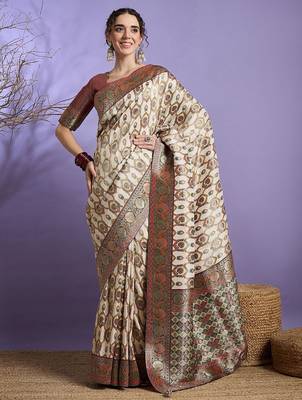 Cream ethnic motifs zari banarasi saree 1