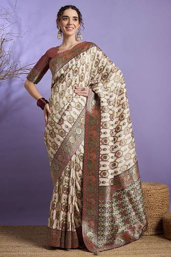 Cream ethnic motifs zari banarasi saree