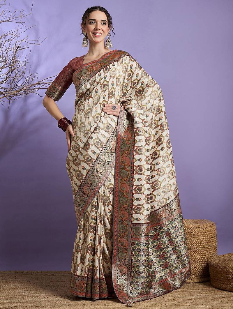 Cream ethnic motifs zari banarasi saree