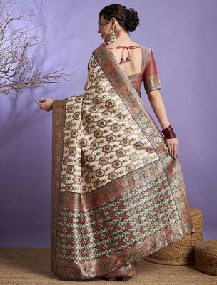 Cream ethnic motifs zari banarasi saree 2