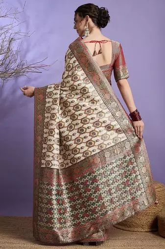 Cream ethnic motifs zari banarasi saree