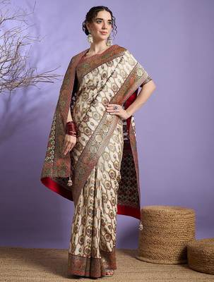 Cream ethnic motifs zari banarasi saree 3