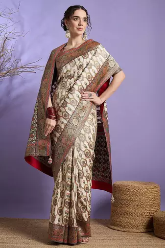 Cream ethnic motifs zari banarasi saree