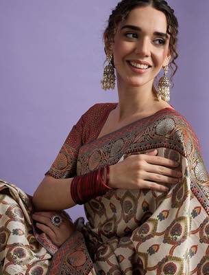 Cream ethnic motifs zari banarasi saree 4