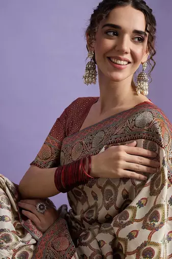 Cream ethnic motifs zari banarasi saree