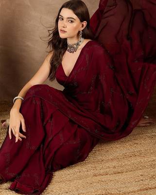 Maroon satin designer saree 1
