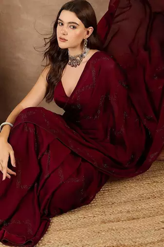 Maroon satin designer saree