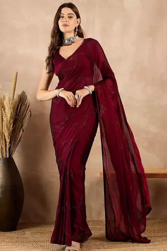 Maroon satin designer saree