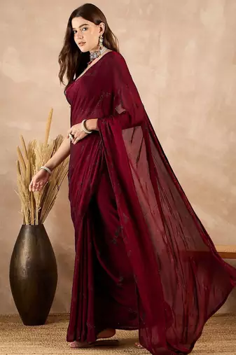 Maroon satin designer saree