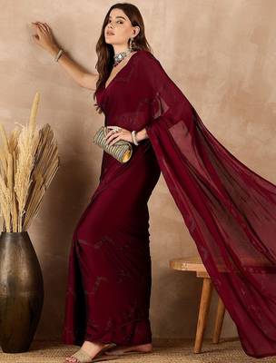 Maroon satin designer saree 4