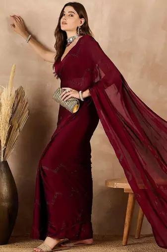 Maroon satin designer saree