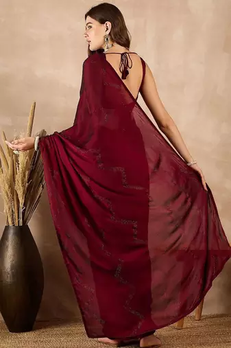 Maroon satin designer saree
