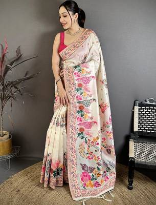 Off white floral embroidered silk blend handloom jamdani saree 1