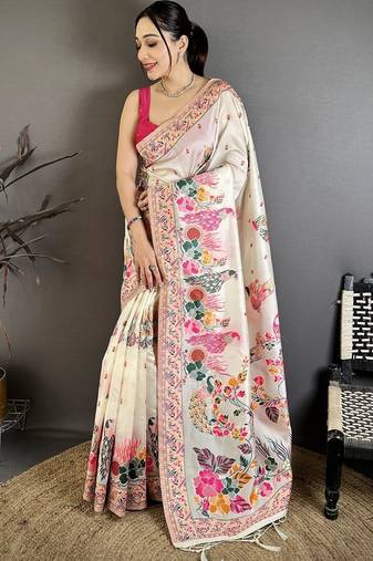 Off white floral embroidered silk blend handloom jamdani saree