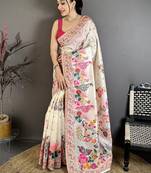 Off white floral embroidered silk blend handloom jamdani saree