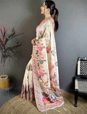 Off white floral embroidered silk blend handloom jamdani saree 2