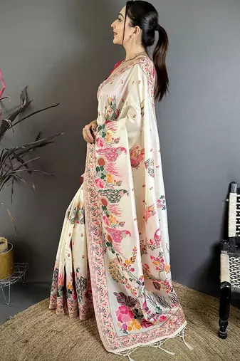 Off white floral embroidered silk blend handloom jamdani saree