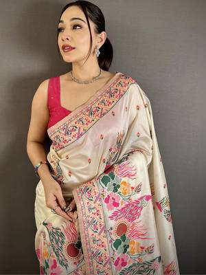 Off white floral embroidered silk blend handloom jamdani saree 3