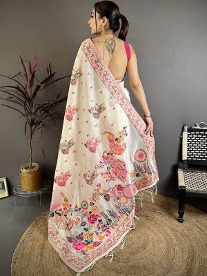 Off white floral embroidered silk blend handloom jamdani saree 4