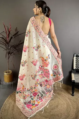 Off white floral embroidered silk blend handloom jamdani saree