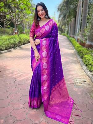 Purple ethnic motifs woven design kanjeevaram saree 1