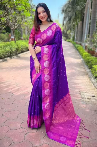 Purple ethnic motifs woven design kanjeevaram saree
