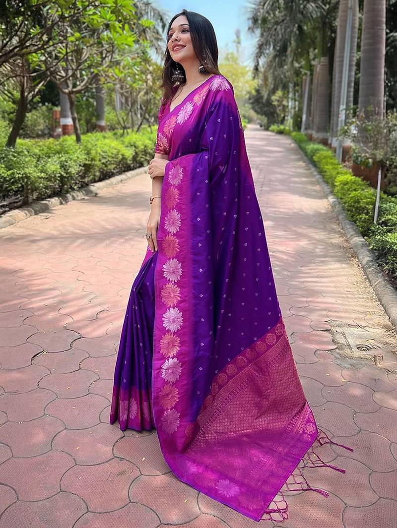Purple ethnic motifs woven design kanjeevaram saree