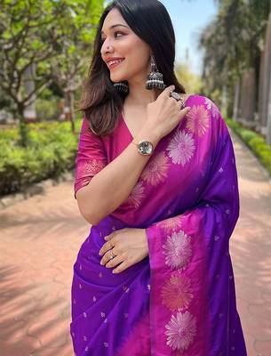 Purple ethnic motifs woven design kanjeevaram saree 3