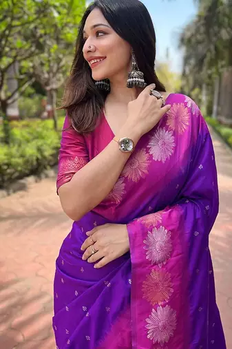 Purple ethnic motifs woven design kanjeevaram saree
