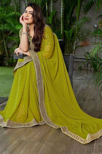 Lime ethnic motifs embroidered  georgette heavy work saree