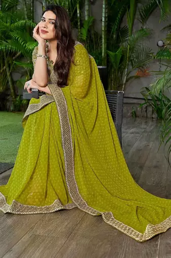 Lime ethnic motifs embroidered  georgette heavy work saree