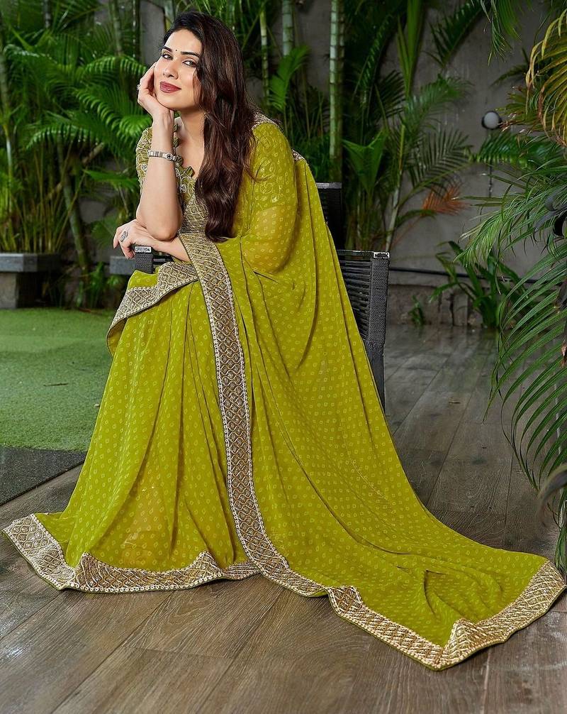 Lime ethnic motifs embroidered  georgette heavy work saree