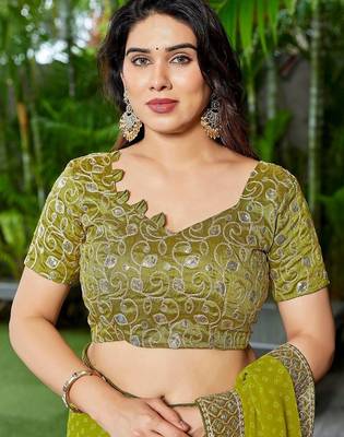 Lime ethnic motifs embroidered  georgette heavy work saree 2