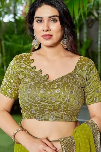 Lime ethnic motifs embroidered  georgette heavy work saree