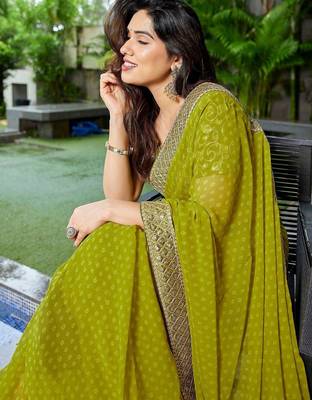 Lime ethnic motifs embroidered  georgette heavy work saree 3