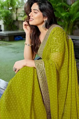 Lime ethnic motifs embroidered  georgette heavy work saree
