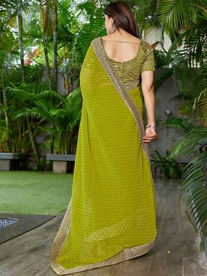 Lime ethnic motifs embroidered  georgette heavy work saree 5