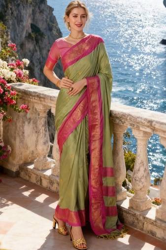 Olive zari art silk kanjeevaram saree