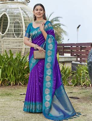 Violet ethnic motifs woven design kanjeevaram saree 1