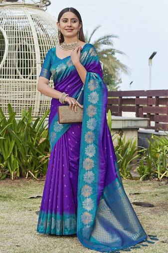 Violet ethnic motifs woven design kanjeevaram saree