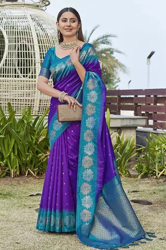 Violet ethnic motifs woven design kanjeevaram saree