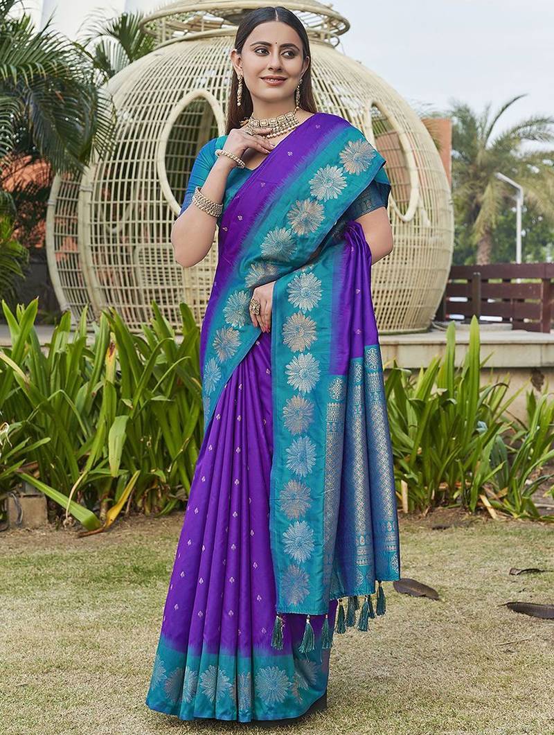 Violet ethnic motifs woven design kanjeevaram saree