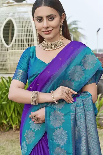 Violet ethnic motifs woven design kanjeevaram saree
