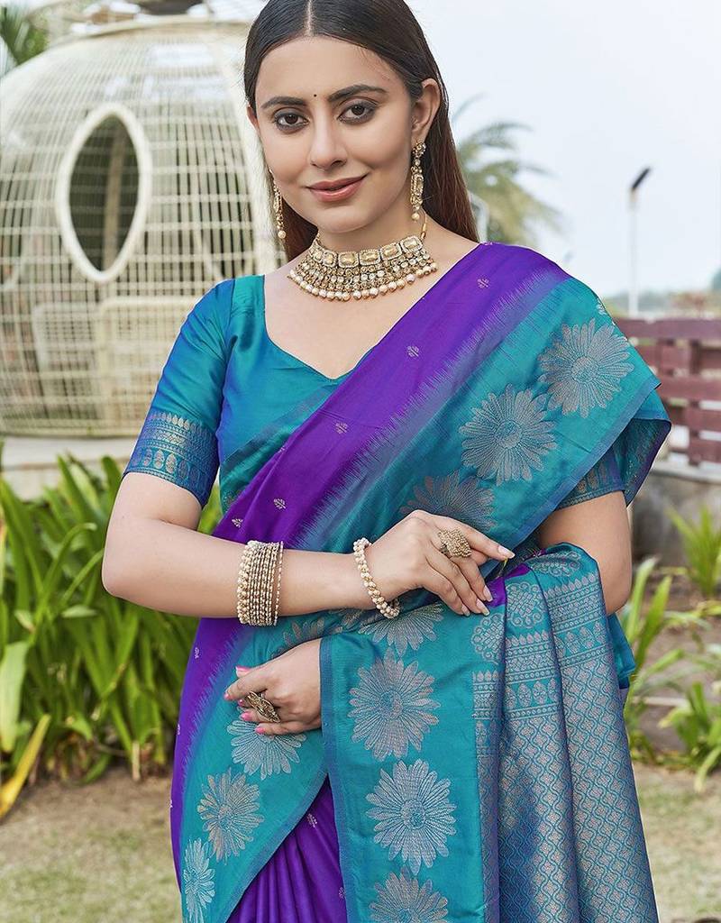 Violet ethnic motifs woven design kanjeevaram saree