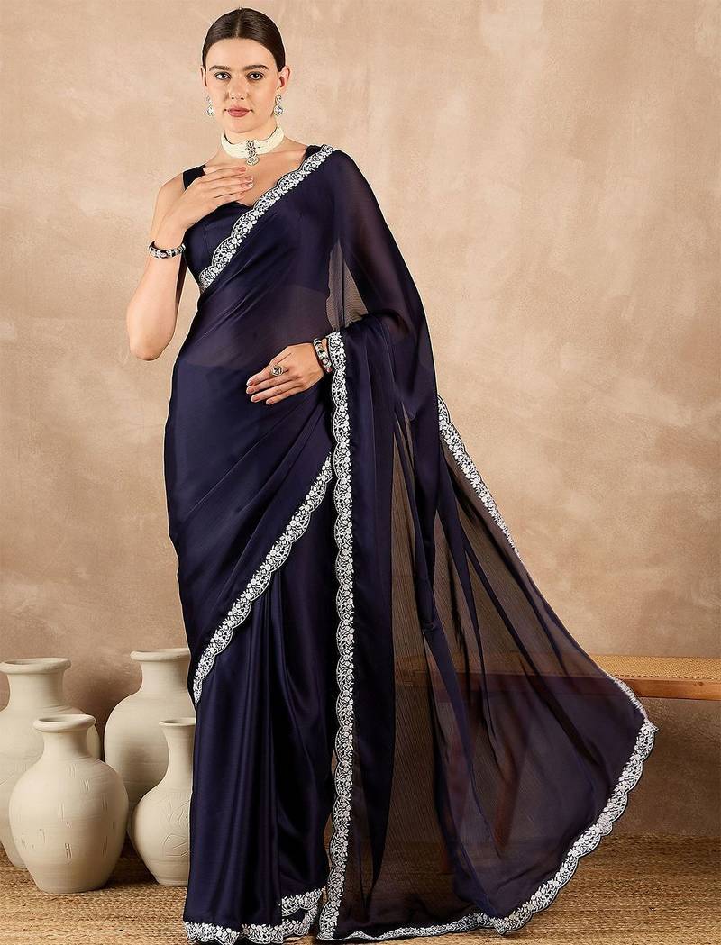 Blue satin saree